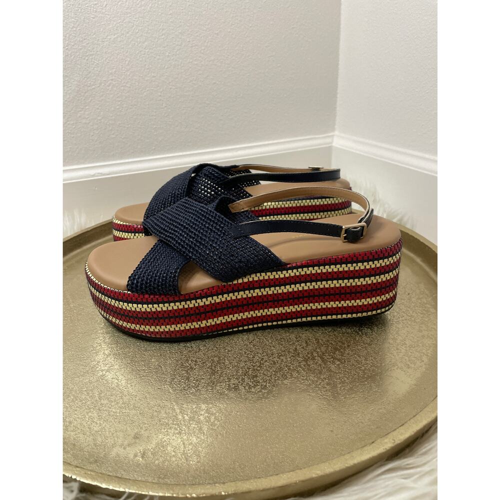 ANTHROPOLOGIE Red, Cream, and Blue Raffia Platform Sandals Size 10